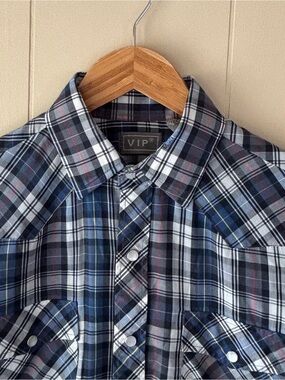VIP Men's Navy and White Plaid Western Style Shirt with Pearl Snaps